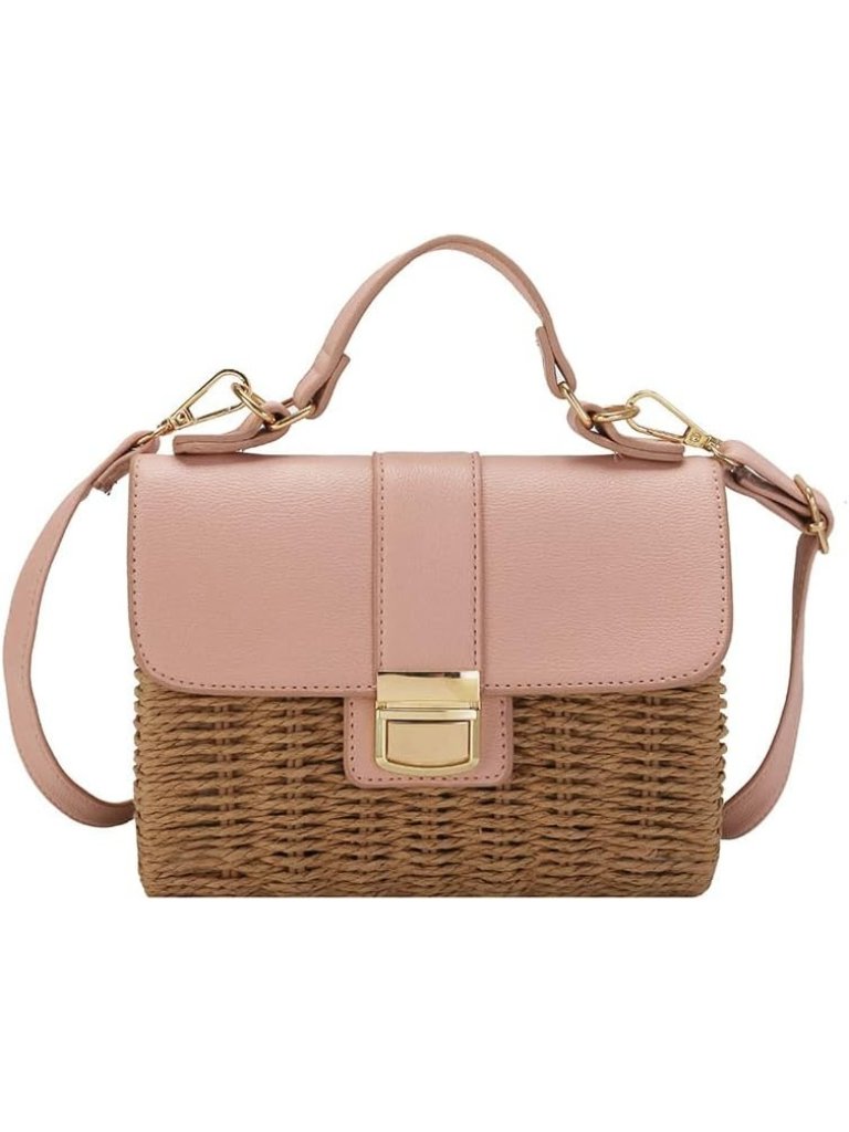 Women's Khaki Leather Handmade Straw Rattan Woven Bag Top Handle Crossbody Bags
